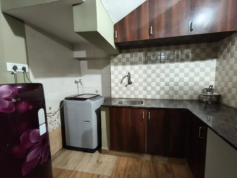 1 BHK kitchen with washing machine and refrigerator