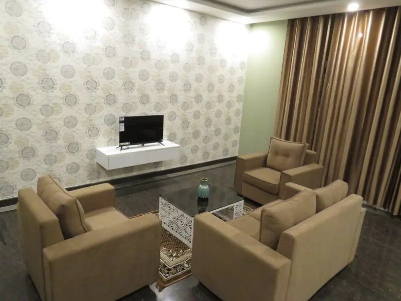 Lounge area with armchairs and TV