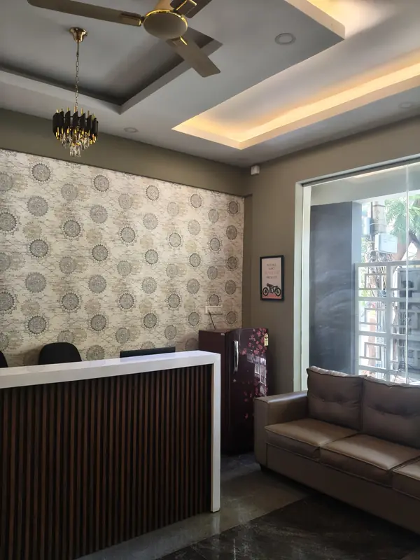 Front desk with feature wall in the reception